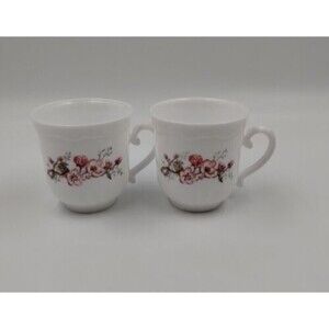 Set of 2 Vintage Arcopal France White Tea Cups With Pink Flowers